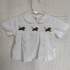 Vintage Smocked Strasburg Lace Shirt Size 24 Mo Peter Pan Collar Schnauzer Dog